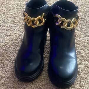 INC International Concepts Black Ankle Boots with Gold Chain Accent